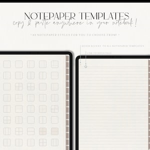 May include: A digital tablet screen displaying a set of 40 notepaper templates. The templates are organized in a grid format and include various layouts, such as lined, grid, and blank. The text "NOTEPAPER TEMPLATES" and "copy & paste anywhere in your notebook!" is displayed at the top of the screen.