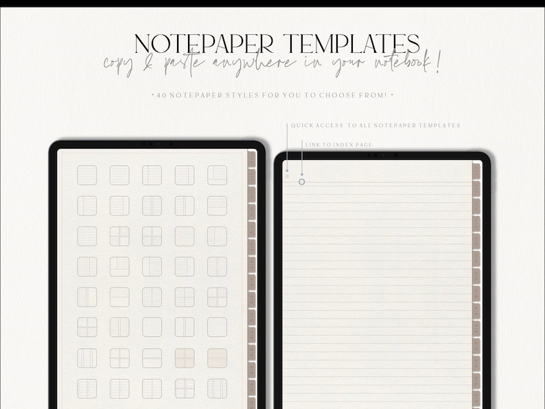 May include: A digital tablet screen displaying a set of 40 notepaper templates. The templates are organized in a grid format and include various layouts, such as lined, grid, and blank. The text "NOTEPAPER TEMPLATES" and "copy & paste anywhere in your notebook!" is displayed at the top of the screen.