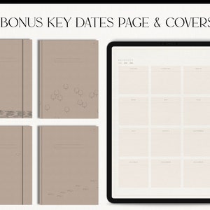 May include: A digital planner with a key dates page and four covers. The covers are beige with a subtle pattern of either acorns or fish. The key dates page is divided into twelve sections, one for each month of the year.