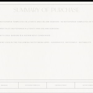 May include: A white text summary of purchase details for 90 notepaper templates in 2 fonts and a blank version. The notepaper templates are available as 3 PDF files and can be used in Goodnotes, Noteshelf, and Notability apps.