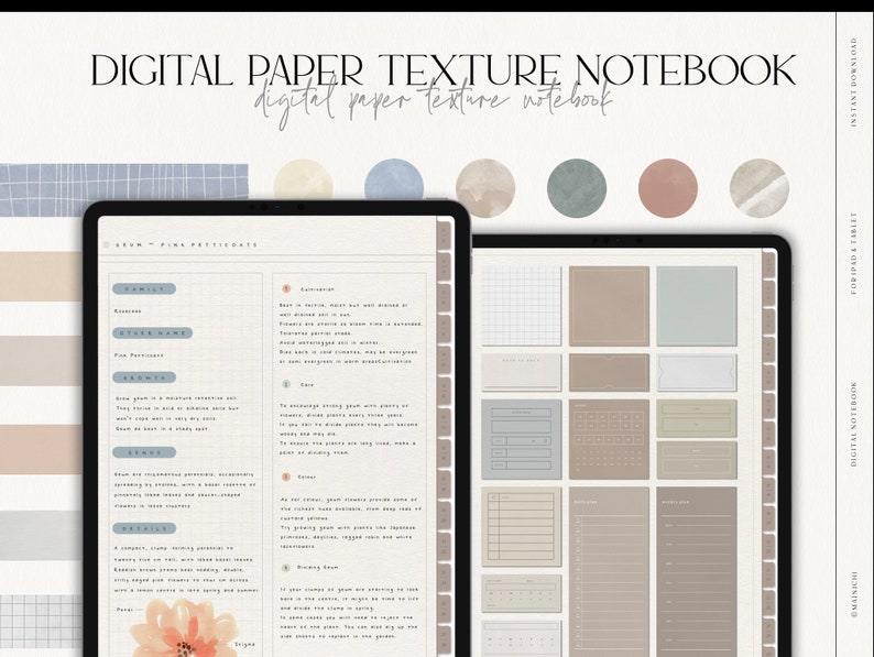 May include: Digital notebook with a variety of paper textures, including grid, lined, and blank pages. The notebook is designed for use with an iPad or tablet and includes a digital paper texture pack. The notebook is available for instant download.