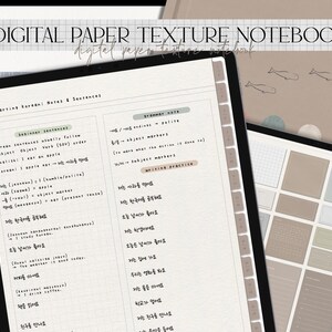 May include: A digital notebook on a tablet with the text "DIGITAL PAPER TEXTURE NOTEBOOK." The notebook displays Korean language notes and sentences. The background features a neutral colour palette with whale illustrations and tabs.