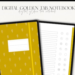 May include: Digital notebook with a gold tab and a floral pattern on the cover. The notebook has lined pages and a section for notes and checklists.