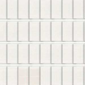 May include: A set of 40 blank white lined paper sheets. The sheets are arranged in four rows of ten sheets each. The sheets are all the same size and have a subtle grid pattern.