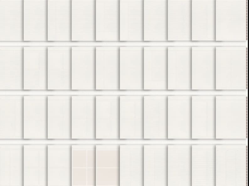 May include: A set of 40 blank white lined paper sheets. The sheets are arranged in four rows of ten sheets each. The sheets are all the same size and have a subtle grid pattern.