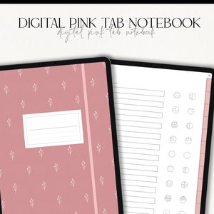 May include: Digital pink tab notebook with a floral pattern on the cover and a blank page with a grid and circles on the right side. The text "DIGITAL PINK TAB NOTEBOOK" is at the top of the image.