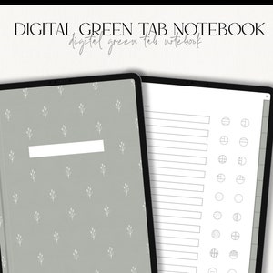 May include: A digital notebook with a green tab and a floral pattern on the cover. The notebook is open to a page with lines and circles for note-taking.