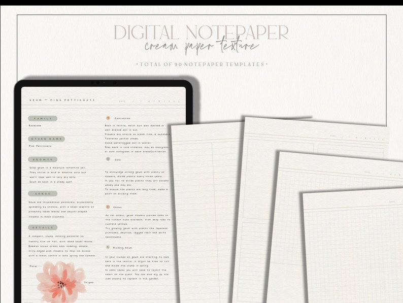 May include: Digital notepaper templates with a cream paper texture. The image shows a laptop screen with a list of features and a pink flower graphic. There are four different notepaper designs with lines, grids, and blank spaces.