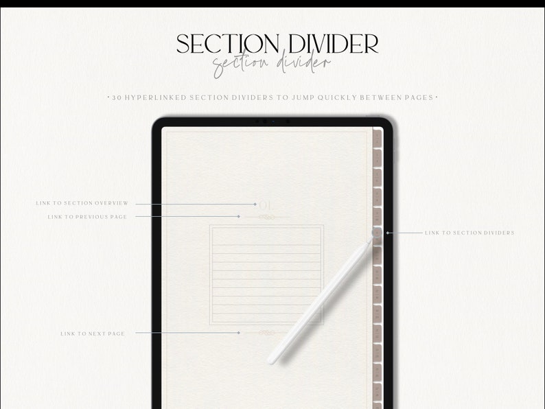 May include: A digital planner app interface with a white background and a lined section for note-taking. The app features a section divider with hyperlinks to jump quickly between pages. The text "SECTION, DIVIDER" and "section divider" is displayed at the top of the screen.