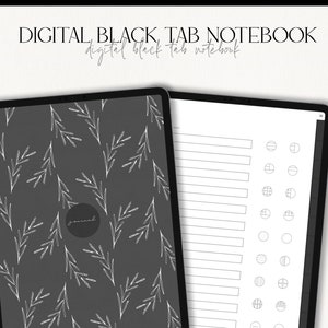 May include: A digital black tab notebook with a gray background and white leaf pattern. The notebook has a tabbed section with a variety of shapes and lines for note-taking.