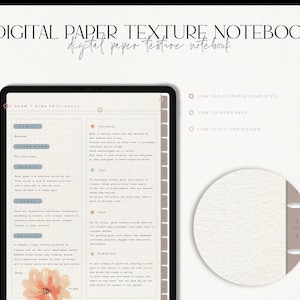 May include: A digital notebook template with a white paper texture background. The notebook has a section for family, business, side work, finances, health, goals, notes, and a section for blooming room. The notebook has a pink flower illustration and the text "Bloom" in the corner. The notebook has a link to notepaper templates, index page, and section divider.