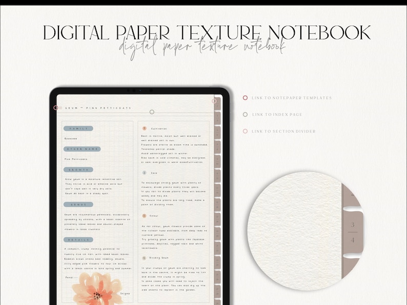 May include: A digital notebook template with a white paper texture background. The notebook has a section for family, business, side work, finances, health, goals, notes, and a section for blooming room. The notebook has a pink flower illustration and the text "Bloom" in the corner. The notebook has a link to notepaper templates, index page, and section divider.