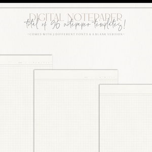 May include: Three digital notepaper templates with a grid pattern. The text "total of 96 notepaper templates!" is at the top of the image. The text "COMES WITH 2 DIFFERENT FONTS & A BLANK VERSION" is below the title.