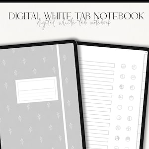 May include: A digital notebook app interface with a gray background and a white floral pattern. The app has a tabbed section with a blank space for a title and a section with lined paper and a variety of shapes and symbols.