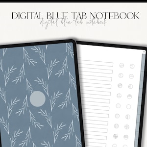 May include: A digital notebook with a blue cover featuring a white leaf pattern. The notebook has a tabbed section with a variety of organizational tools, including circles, squares, and lines.