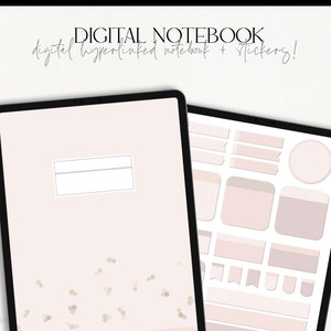 May include: A digital notebook with a pink cover and confetti design. The notebook is open on a tablet screen and includes a variety of stickers and labels in a light pink colour scheme. The text "DIGITAL NOTEBOOK" and "digital hyperlinked notebook + stickers!" is displayed at the top of the image.