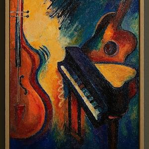 Colorful Jazz Instrument Art Print – Abstract Piano, Guitar & Bass Painting for Music Lovers, Studio Wall Art, Gift for Musicians Unframed