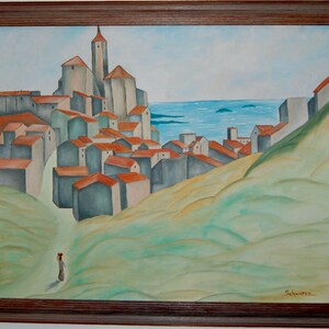 Original Oil Painting &quot;Village By The Sea&quot; on Canvas 34&quot; x 28&quot; FRAMED Mediterranean Hill Town Coastal Landscape Wall Art Vintage Style Scene