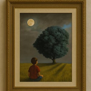 Moonlit Tree Art Print – Dreamy Surreal Night Landscape with Child – Quiet Meditative Wall Art for Bedroom or Mindfulness Decor Unframed