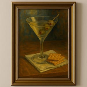 Martini & Cheese Crackers Wall Art Print – Whimsical Cocktail Bar Cart Decor | Retro Kitchen Artwork | Fun Oil Painting Style Gift