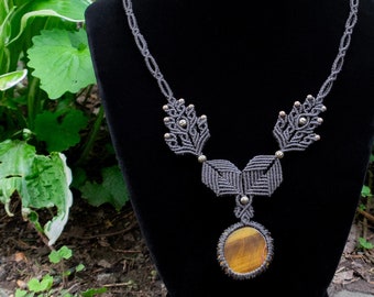 ブラックタイガーアイマイクロマクラメネックレス/ペンダント - 天然石 