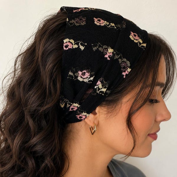 Black Lace Headcovering, Pink Sage Rose Embroidery, Modest Church Veil