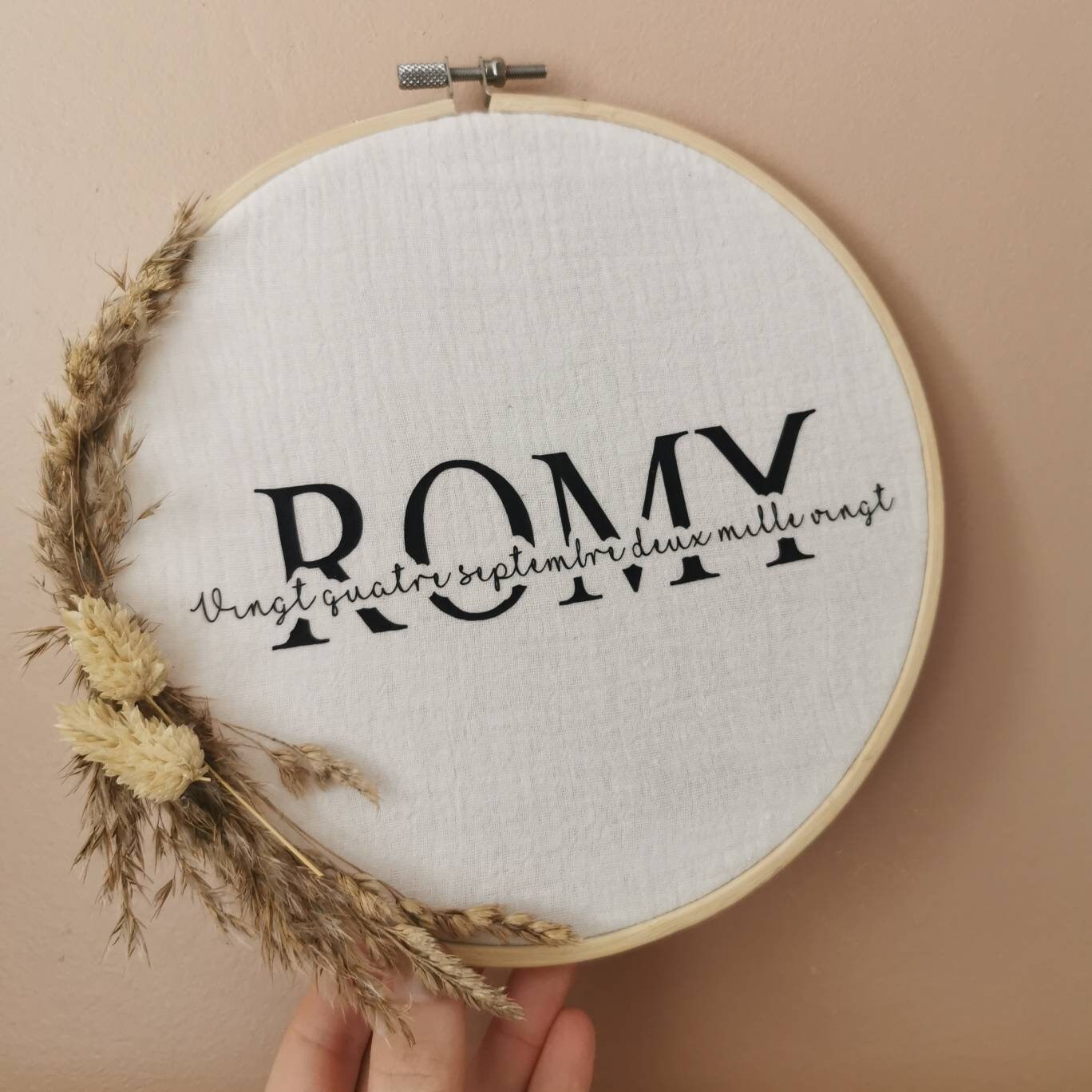 Tambour, Toile, Cadre Personnalisée avec Prénom et Fleurs Séchées