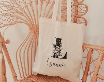 Tote bag personnalisé prénom initiales feuillage ,cadeau ,sac personnalisé, prénom