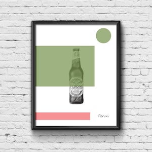 May include: A minimalist poster design featuring a black and white illustration of a Peroni beer bottle against a green background. The poster has a red bar at the bottom with the word "Peroni" in black text.
