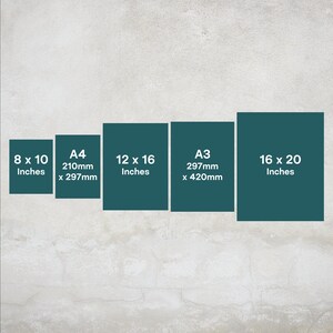 May include: A comparison chart of different paper sizes in inches and millimeters. The chart shows the dimensions of 8x10 inches, A4 (210mm x 297mm), 12x16 inches, A3 (297mm x 420mm), and 16x20 inches.