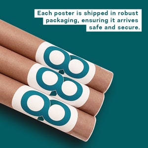 May include: Three brown cardboard tubes with a white label and a teal blue 888 logo. Each poster is shipped in robust packaging, ensuring it arrives safe and secure.