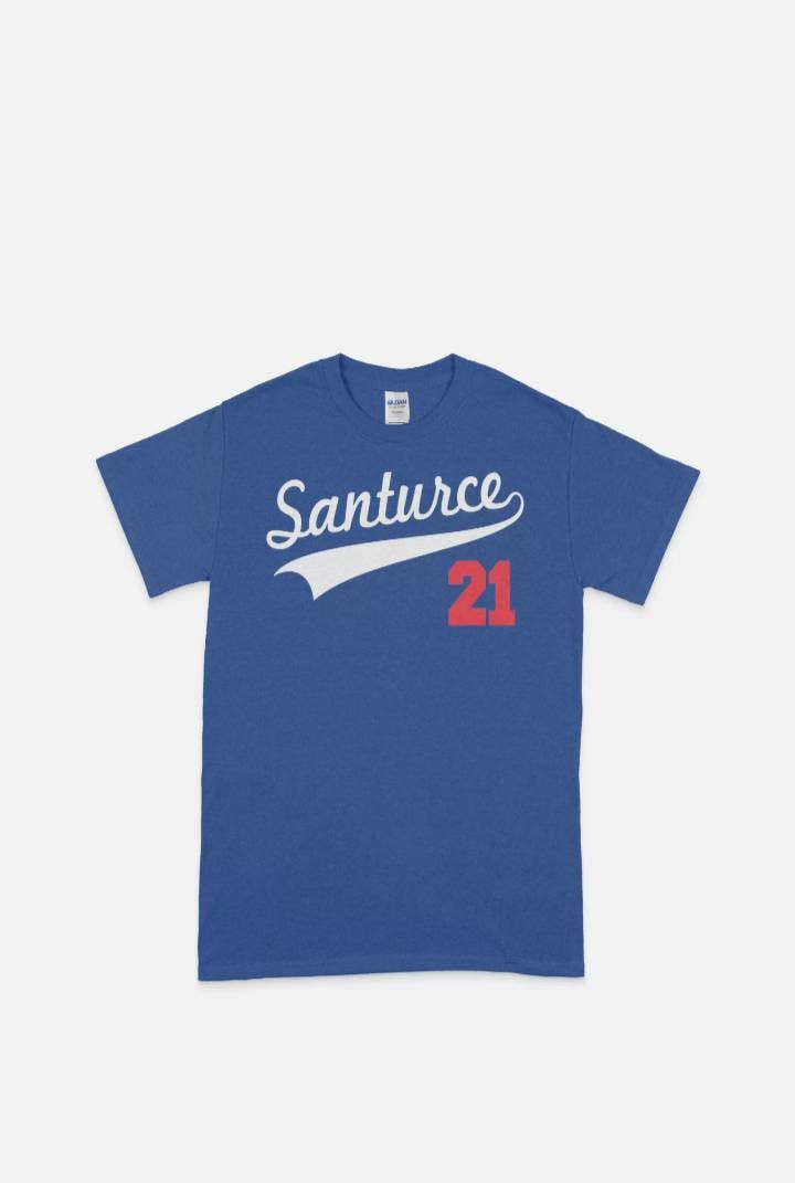 MannyzCustomz Santurce 21 Roberto Clemente Puerto Rico Baseball Blue T-Shirt with Red and White Screen Print Ink