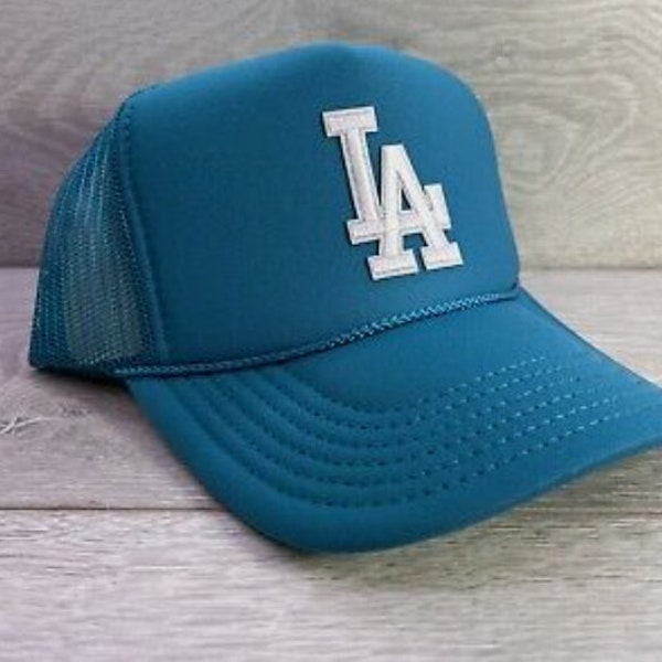 New LA turquoise cap hat 5 panel high crown mesh trucker snapback vintage style
