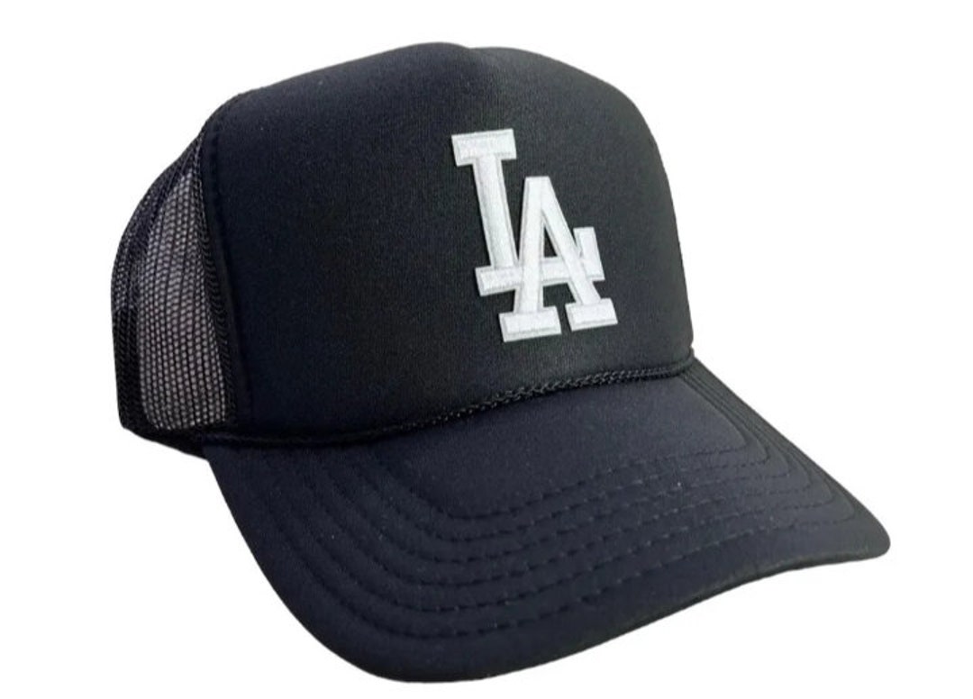 New LA Black Cap Hat 5 Panel High Crown Mesh Trucker Snapback Vintage ...