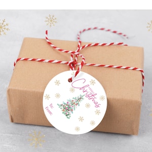 Printable Merry Christmas Gift Tag,Holiday Party Favor Tag,Round Christmas Gift Tags,Round sticker gift tag,Pink Gift Tag,Round gift tag