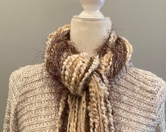 Boho Scarf, Beige Brown Fringe Scarf, Long Scarf, Festival Scarf, Fiber Art, Knit Scarf, Gift, Unique Scarf, For Her, Unisex