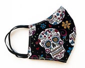 Black Sugar Skull Face mask, Day of the Dead, Cloth Face Mask, Reusable Washable, reversible, Adult Face mask, Unisex face mask, Cotton