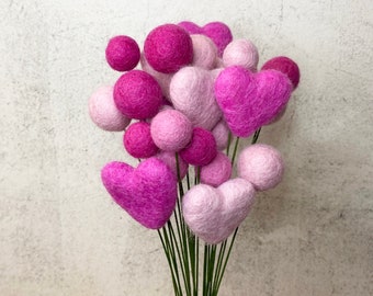 Pretty in Pink Felt Flower Bouquet | Wool Felt Ball & Heart Flowers | Heart Décor | Vase Filler