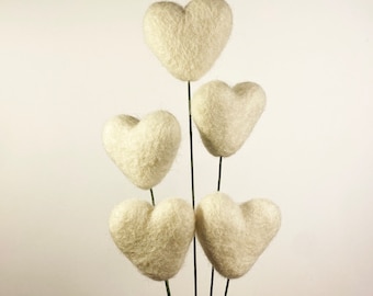 Fresh Cream Felt Heart Stems | Felt Flower Bouquet | Wool Felt Ball & Heart Flowers | Vase Filler