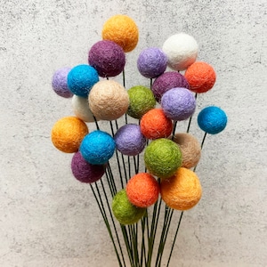 May include: A bouquet of colorful felt balls on stems. The balls are in shades of purple, blue, green, orange, and brown.