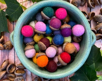 Ghiande in feltro dai colori vivaci della foresta / Ghiande in feltro con veri cappucci di ghianda / Ghianda in lana per riempire ciotole / Decorazione boschiva