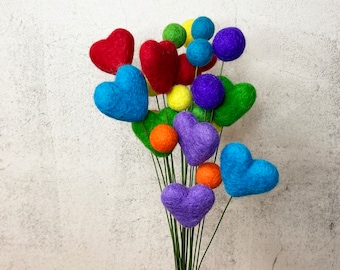 Rainbow Felt Flower Bouquet | Wool Felt Ball & Heart Flowers | Whimsical Table Decor | Vase Filler