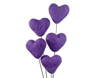 Purple Felt Heart Stems | Felt Flower Bouquet | Wool Felt Ball & Heart Flowers | Vase Filler
