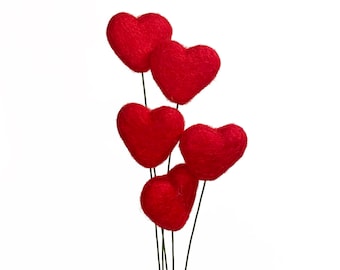 Red Felt Heart Stems | Felt Flower Bouquet | Wool Felt Ball & Heart Flowers | Handmade Centerpiece