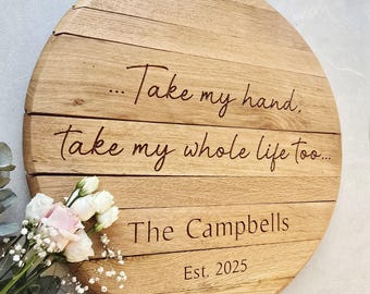 Rustic Engraved Whiskey Barrel Lid, Oak Wedding Sign, Alternative Guest Book Idea, Round Wooden Name Board, Carved Wood Family Keepsake