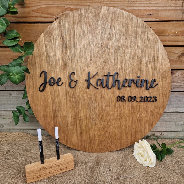 3D Wedding Guest Book Alternative, Rustic Wedding Sign, Mr & Mrs Welcome Plaque, Surname Signage Board, Large Round Oak Name Sign, Pen Stand