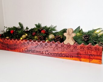 Traditional Wooden Advent Christmas Countdown Decoration,  Alternative Gingerbread Man Wood Calendar, Oak, Personalised Family Surname Sign