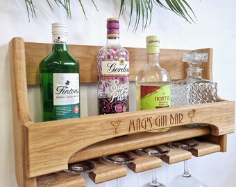 Personalised Solid Wood Home Bar, Wooden Alternative Wine Rack, Custom Rustic Engraved Gin Shelf, Cocktail Glass Display Case, Unique Gift
