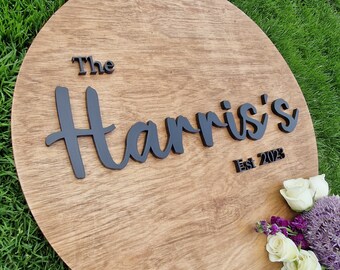 Natural Wood Personalised Round Surname Guest Book, Married Couple Sign, Newlyweds Wedding Welcome Sinage Board, Mr & Mrs Established Date
