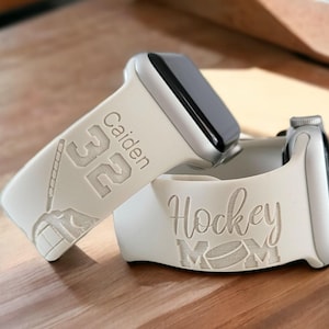 HOCKEY MOM, Silicone Watch Band, Laser Engraved, Apple Watch, 20mm, Amazfit, Garmin, Gizmo, Samsung Compatible